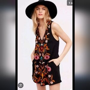 Free People Lovers Folk Black‎ Mini Dress with Floral Embroidery